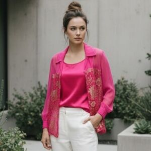 Vintage 1980s Alfred Sung Silk Two-Piece Lace Overlay Top Set – Size 4